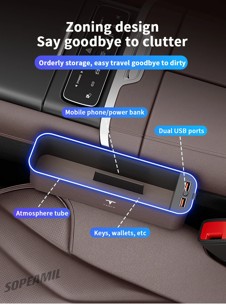 Car USB Charging Multifunction Crevice Storage Box Seat Gap Box For Tesla Cybertruck Roadster Model 3 Model Y Model S Model X