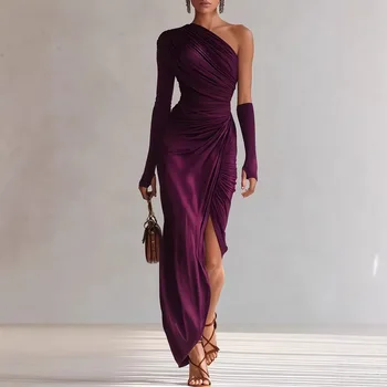 2026 Spring Summer Women's One Shoulder Ruched Bodycon Midi Dress Evening Gown Outfit Clothing 1