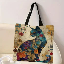 Floral Design Cat Tote Bag - Retro Pattern Shoulder Bag for Daily Use, Large Capacity (Floral Cat)