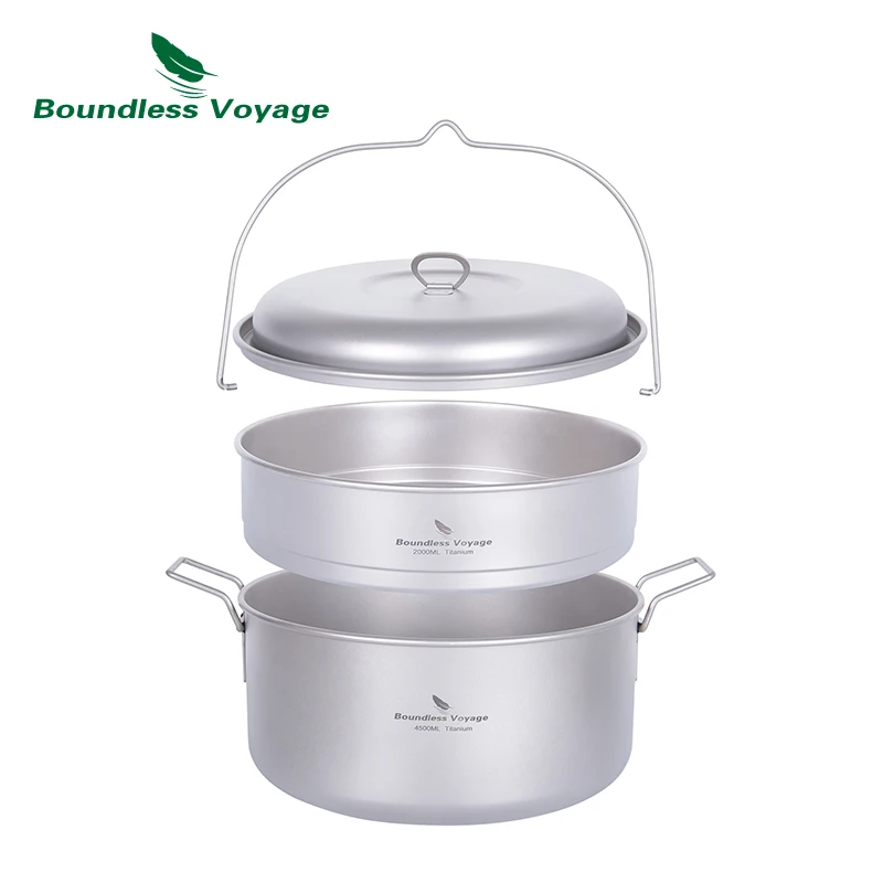 Boundless Voyage Titanium Steamer Pot Stock Soup Pot Set Outdoor Camping Cookware Lightweight Picnic Hiking Hanging