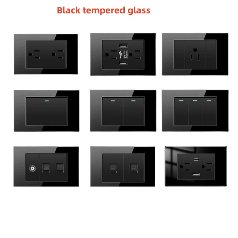 American Black Tempered Glass 15A Wall Wall Light Switch, US Plug USB