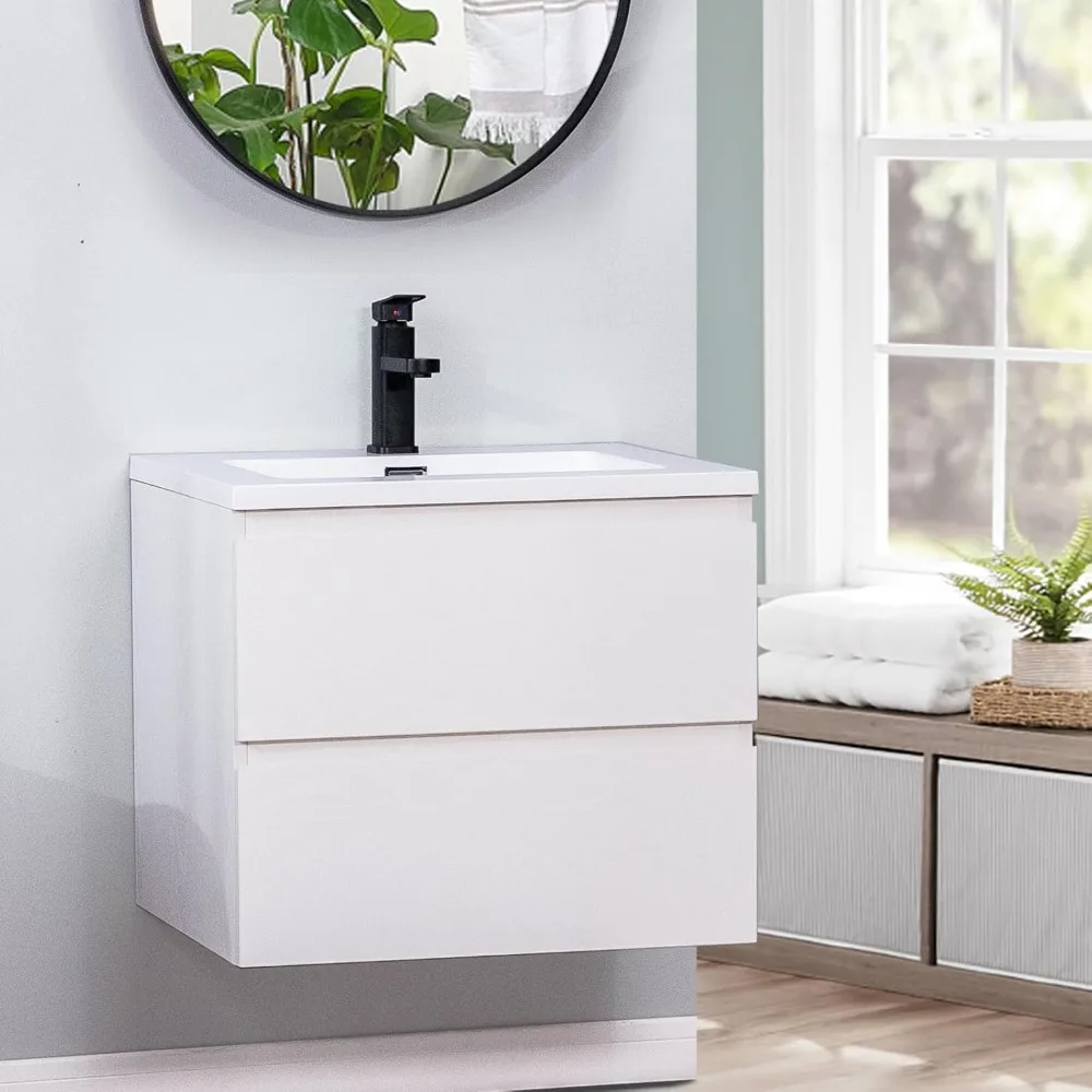 Bathroom Organizers, 24" Wall Mounted Bathroom Vanity With Sink Floating Vanity Two Drawers Bathroom Cabinet With Ceramic Integr 6