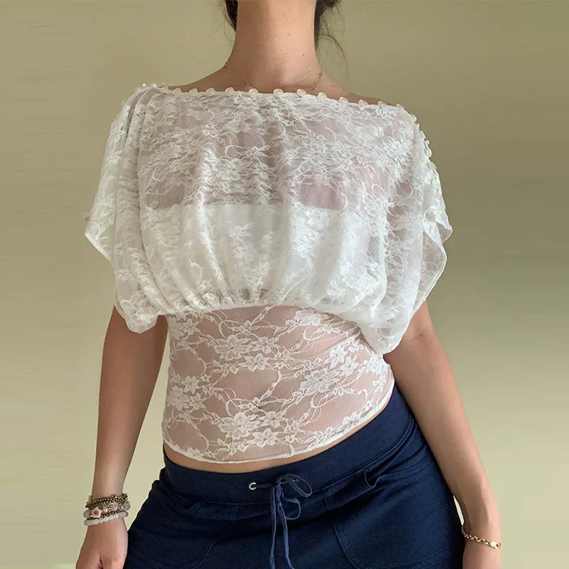 Transparentes Spitzen-Crop-Top für Damen, Weiß, Französischer Stil, Schulterfreie Rüschenbluse, Figurbetont, für Party, Club, Streetwear, Damenmode-Shirts 2026 – Detail 3