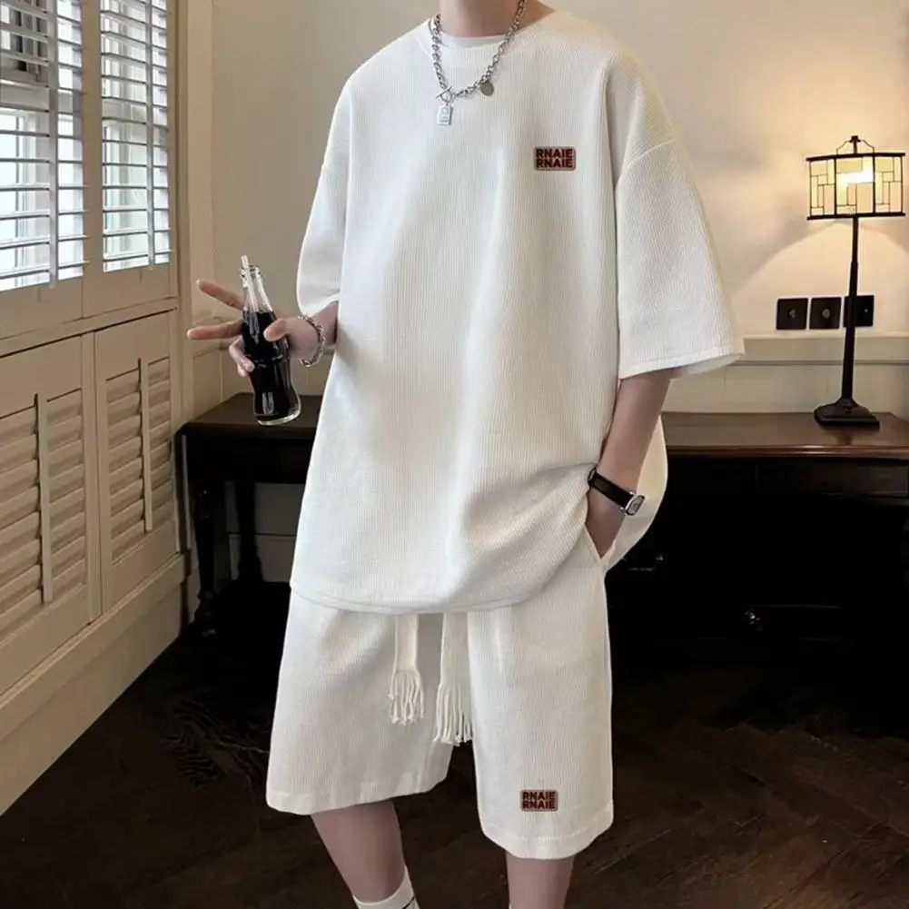 

Casual Men Suit Men's Summer Casual Outfit Set O-neck Short Sleeve T-shirt with Elastic Drawstring Waist Wide Leg Shorts for A