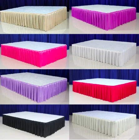 

Custom Colorful Ice Silk Wedding Table Skirt for Tablecloth Table Cover Wedding Stage White Ice Silk Table Skirting Decoration