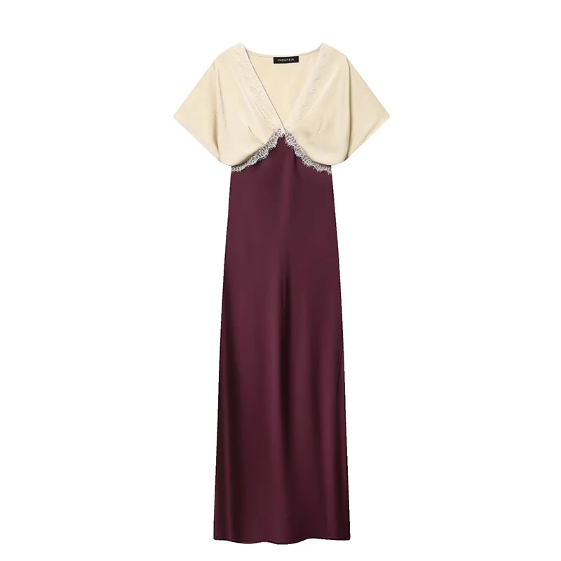 Elegant Patchwork Satin Evening Long Party Dress Women Sexy Deep V Neck Lace Maxi Summer Dresses Women 2025 Boho Dress