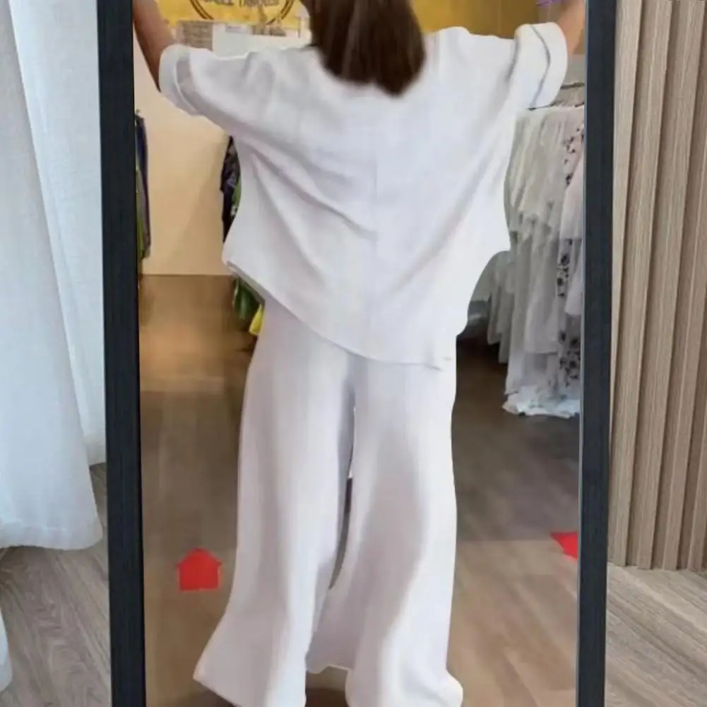 Lady T-shirt Pants Set Retro Lady Outfit Stylish 2-piece Set with Irregular Hem Top Wide Leg Trousers Loose-fitting Elastic