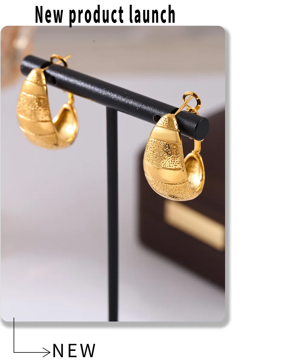 Mondförmige Edelstahl-Ohrringe für Damen, wasserdicht, 18 Karat vergoldet, Textur, OL, luxuriös, klobiger Ohrring, Schmuck, Geschenk – Detail 9