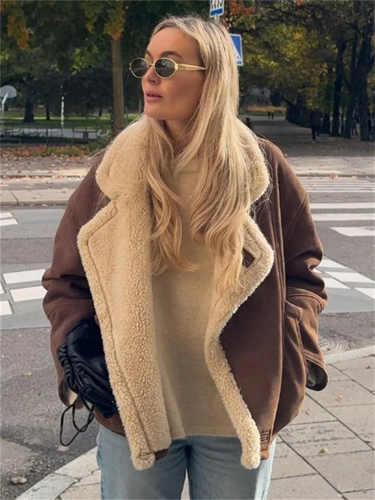 Winter Loose Fashion Overcoat For Women Lapel Pocket jacket Coat Streetwear Commute Contrast Vintage Ladies Outwear 2025