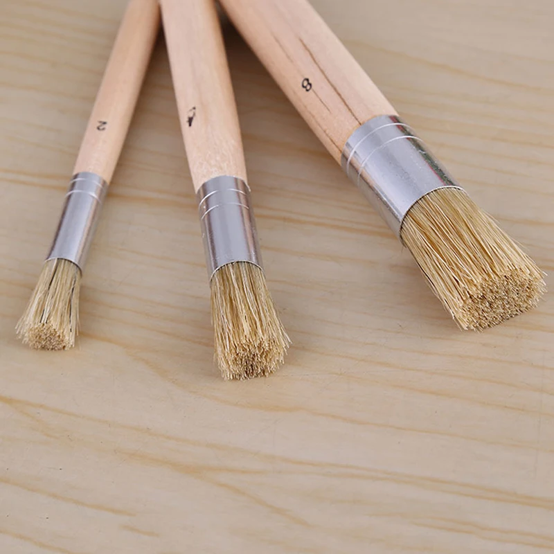 3PCS Wooden Stencil Brush Chalk Paint Natural Pure Hog Bristle Round Painting Arts Supplies 3
