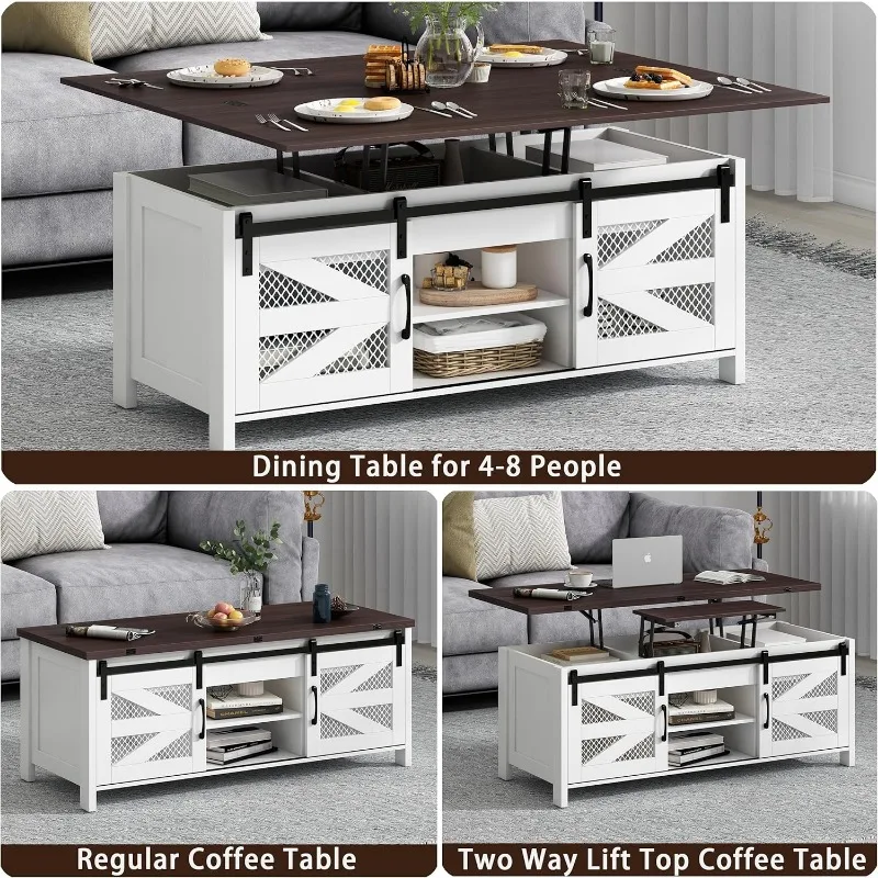 47.2" Lift Top Coffee Table 4 in 1 Farmhouse Coffee Table with Storage Coffee Tables for Living Room, Dining Room (White) 5