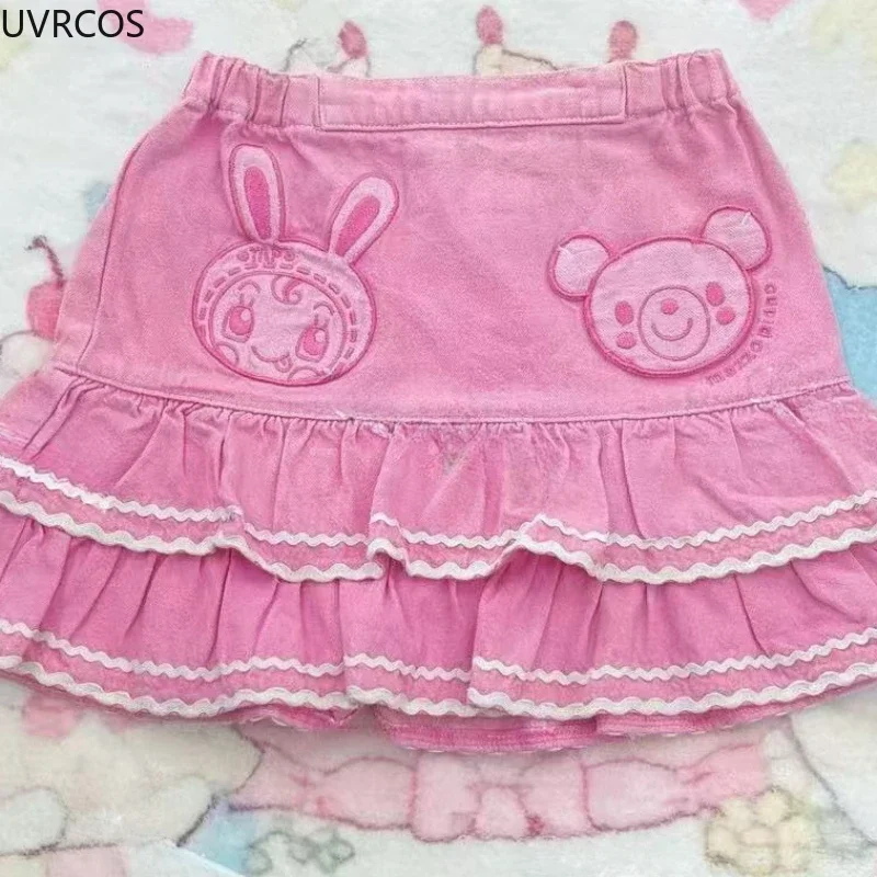 Pink Kawaii Lolita Style Pleated Skirts Japanese Fashion Women Sweet Cartoon Bunny Embroidery Cake Mini Skirts Y2k Faldas Mujer 2