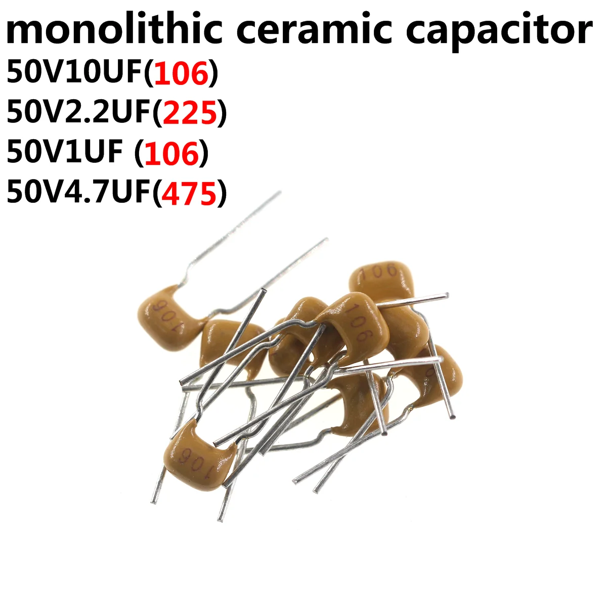 100Pcs monolithic ceramic capacitor 50V 10UF 106 2.2UF 225 1UF 105 4.7UF 475 100pcs monolithic capacitor 10uf ± 20% the pin pitch 5 08 mm 106m 50v non polar capacitor