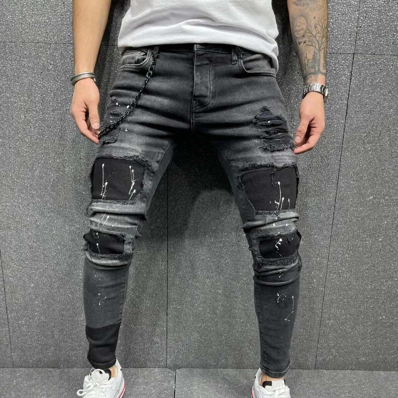 Ripped Biker Jeans for Men, Straight Leg Slim Fit Destroyed Stretch  Motorcycle Denim Pants Fashion Buckle Punk Jeans(Black,Small) at   Men's Clothing store