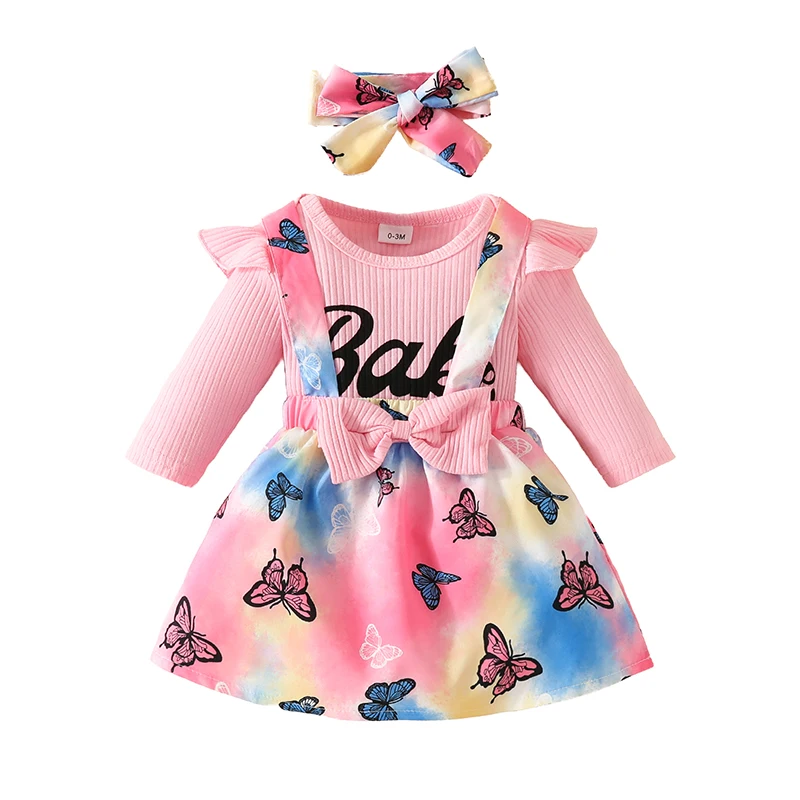Baby Girls Skirt Set Long Sleeve Letters Print Romper Butterfly Suspender Skirt Headband Fall Outfit