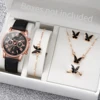 5/6PCS Fashion Women's Quartz Watch Leather Band Analog Wrist Watches Heart Rhinestone Jewelry Set(Without Box) 6