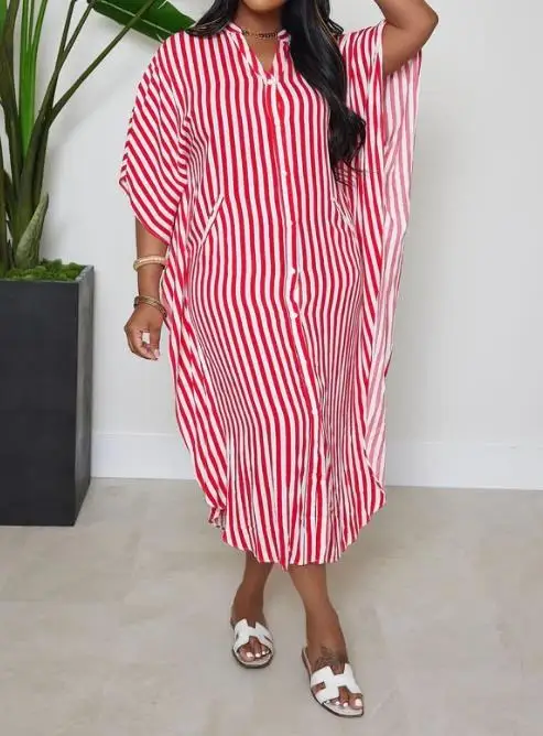

Women Long Skirt Shirt Skirt Polo Collar 5/4 Sleeves High Waist Splicing Single Breasted Fashion Casual Striped Shirt Dress