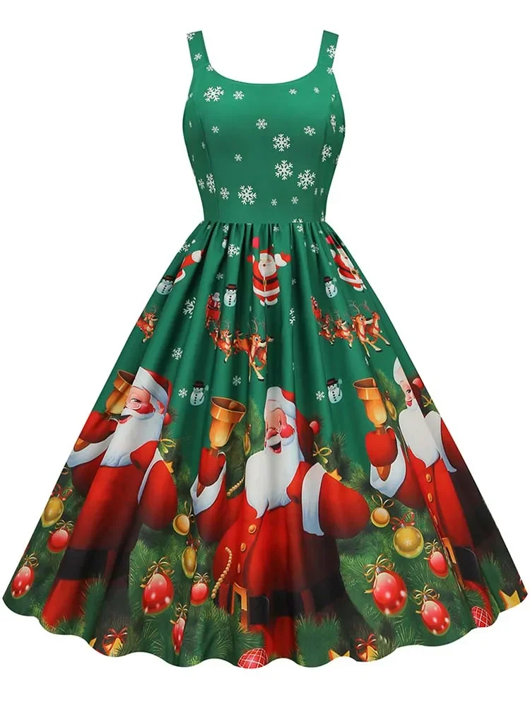 

2024 50s 60s Spaghetti Strap Vintage Christmas Dress Women Elegant Sexy Swing Robe High Waist Print Midi Party Costumes Dresses