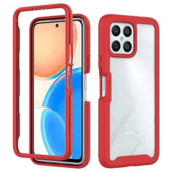 Heavy Duty Protective Rugged Armor Shockproof Phone Case with Transparent Back and Soft TPU Frame for Honor X6 4G (Red)