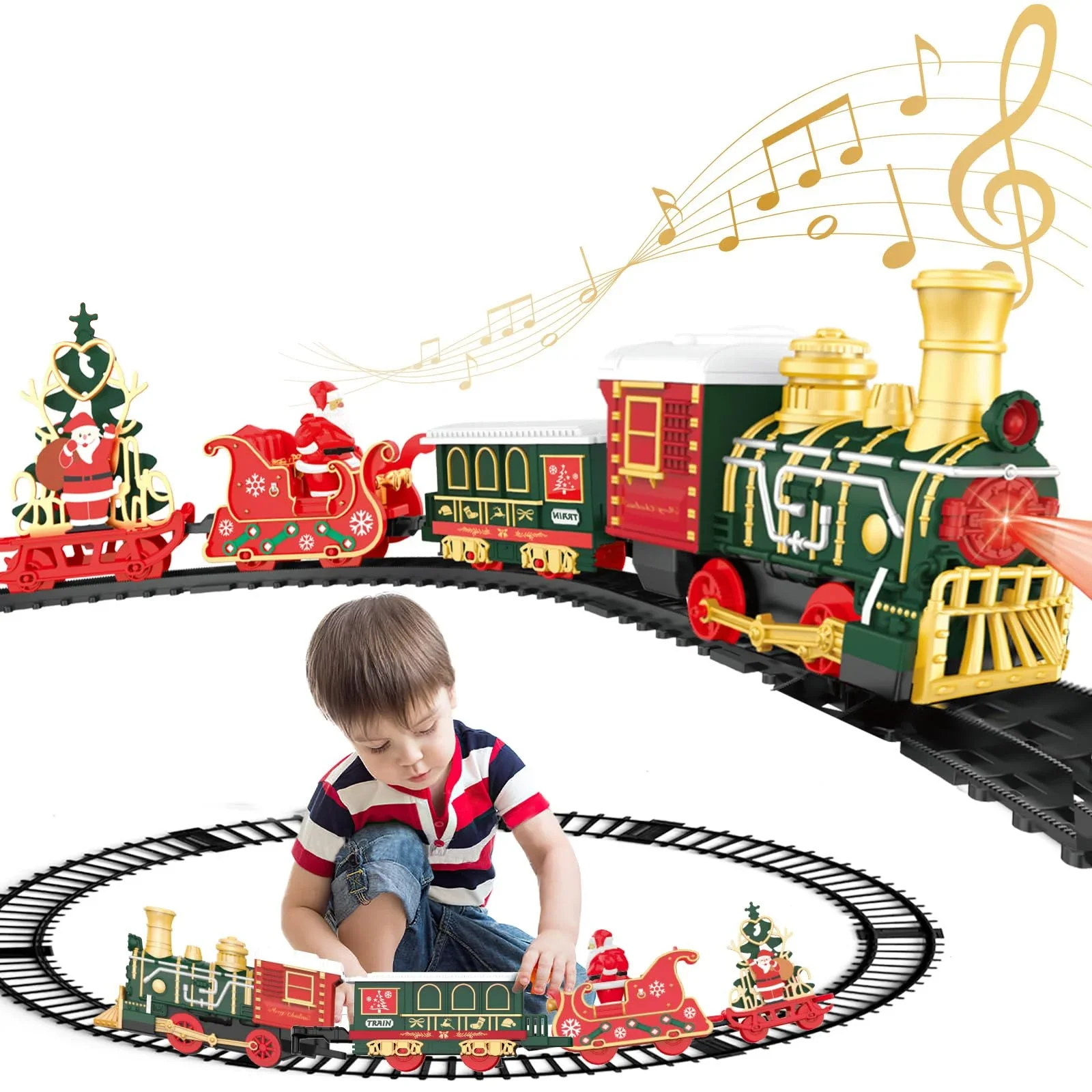 Christmas Electric Railway Set with Santa Sleigh Classical Train Rail Track Set Locomotive Playset Classic Train Toy Sound Gifts