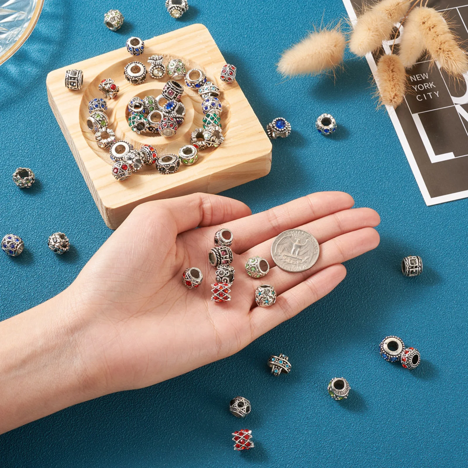 62Pcs Antique Silver Color Rondelle Cross Barrel Shape Alloy Rhinestone European Beads Large Hole Spacer Beads for Bracelet DIY