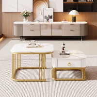 Anajqaqia Ensemble de table basse empilable 2 pièces, finition marbre brillant, table d'appoint avec 1 tiroir de rangement et cadre en métal doré 4