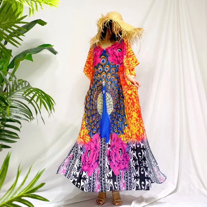

New Colorful Peacock Feather Print Hawaiian Vacation Beach Dress Fairy Boho Style Maxi Dress Swim Cover-Up Robe Kaftan Cantik