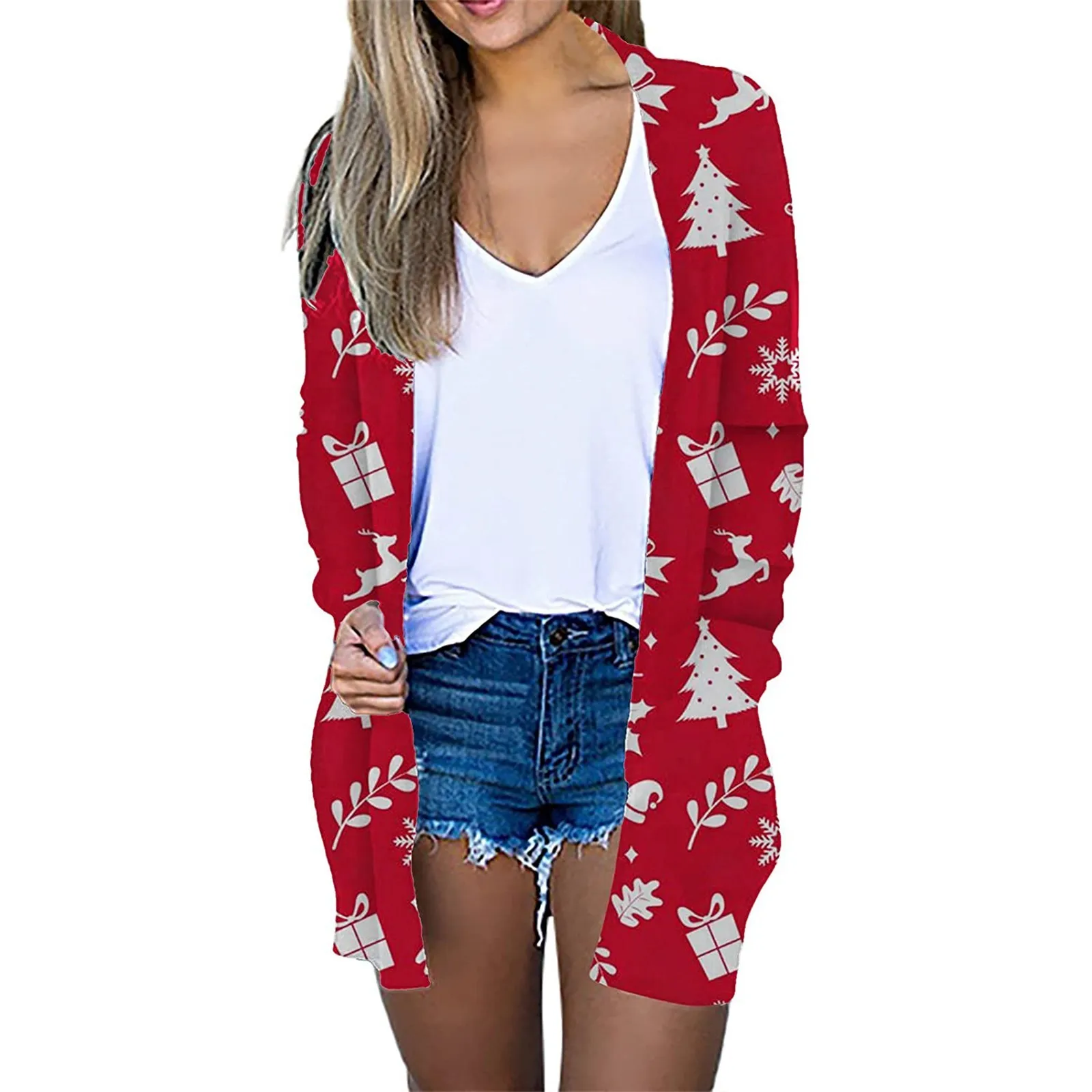 

Women's Christmas Long Sleeve Front Cardigan Printed Top Lightweight Jacket Print Women Sweatshirts Streetwear Drop Shoulder