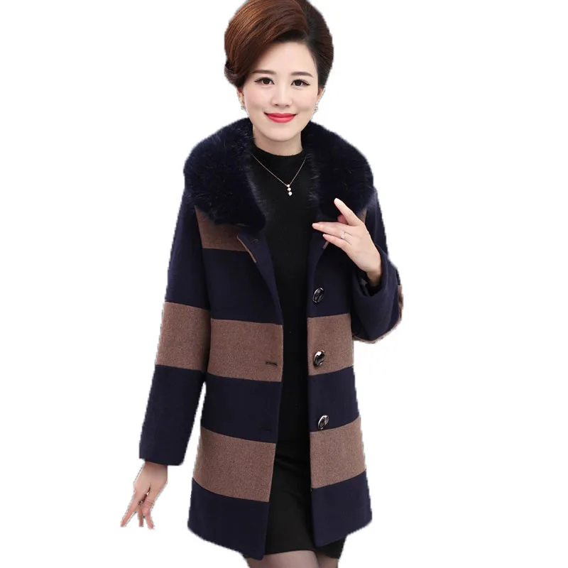 

Nice New Mother Women Autumn Winter Woolen Coat Plus Size Loose Fur Collar Wool Coats Elegant Striped Casual All-match Coat F306