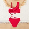 Bikini Girls Kids Swimsuits One Shoulder Ruffles Swimwear Solid Color Backless Bathing Suit 2
