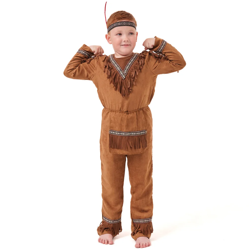 Kids Cosplay Costume Kids Halloween Native Costume Boys Brown Color American Indian Tribal Warrior Outfits