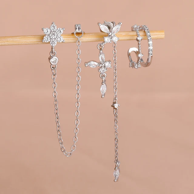 Ensemble de 3 paires de boucles d'oreilles de luxe pour femmes, motif fleur, papillon, chaîne à pampilles, en zircon, avec clips d'oreille sans perçage, bijoux de style urbain