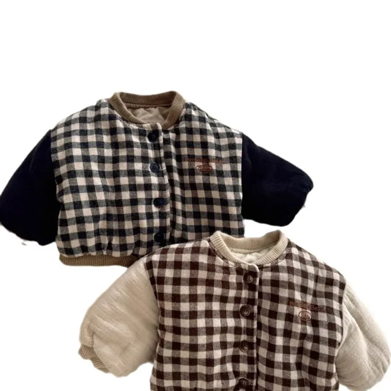 Winter New Baby Long Sleeve Warm Coat Plus Velvet Thick Infant Girls Fleece Plaid Coat Boys Padded Jacket Toddler Clothes