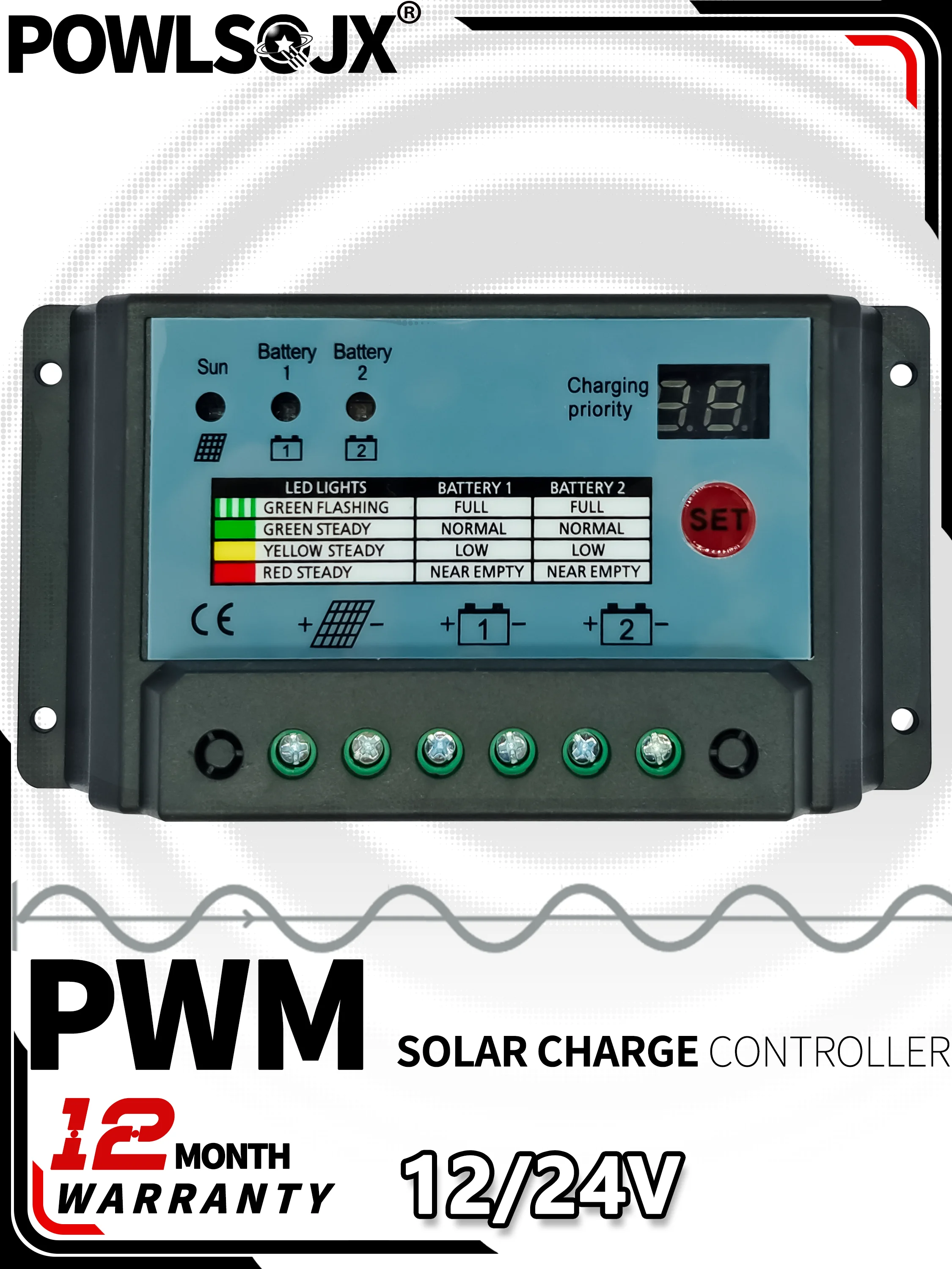 Dual-Battery Solar Controller - 10A/20A/30A PWM for 12V/24V Systems - Two Batter