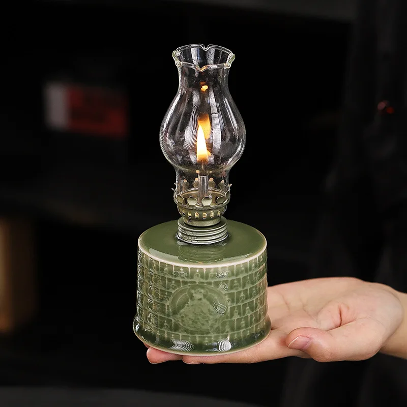 Vintage ceramic oil lamp, old desktop nostalgic butter lamp, home lighting atmosphere decoration ornaments, photography props