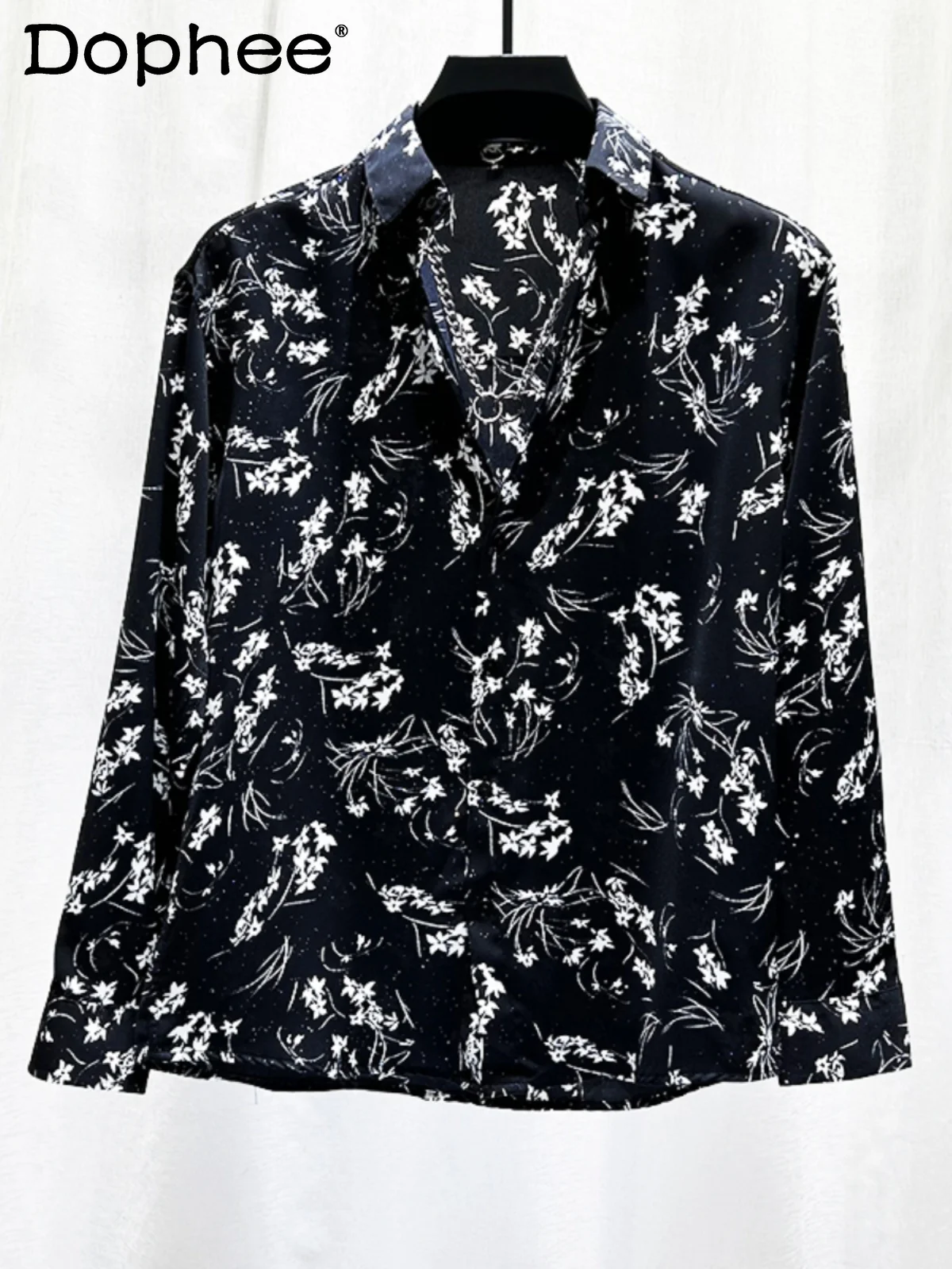 2024 Spring New Personality Trendy Retro Printed Chiffon Shirts Men's Casual Floral Long Sleeve Single Row Multi-Buckle Shirt