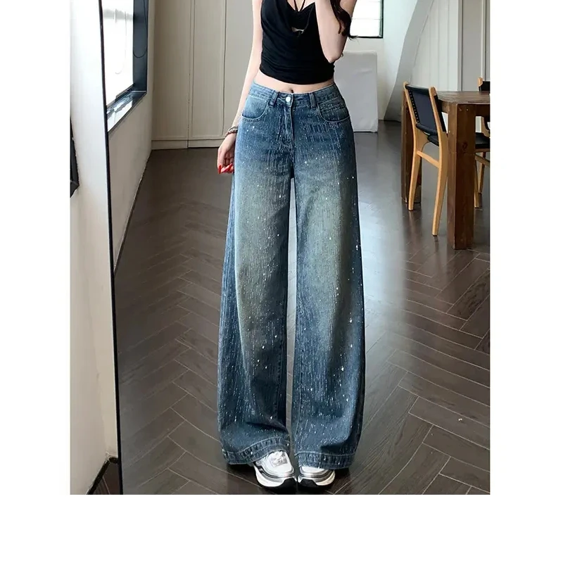 여성용 봄 가을 라인스톤 와이드 레그 진 하이웨이스트 배기 데님 바지 헤비 듀티 반짝이는 Y2K 팬츠