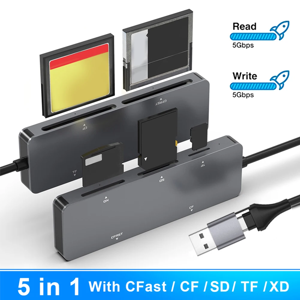 5 in 1 Multi Memory Card Reader 5Gbps CFast+XD+CF+SD+TF Reader Multi-Card Reader Adapter Type-C & USB A for Windows  OS