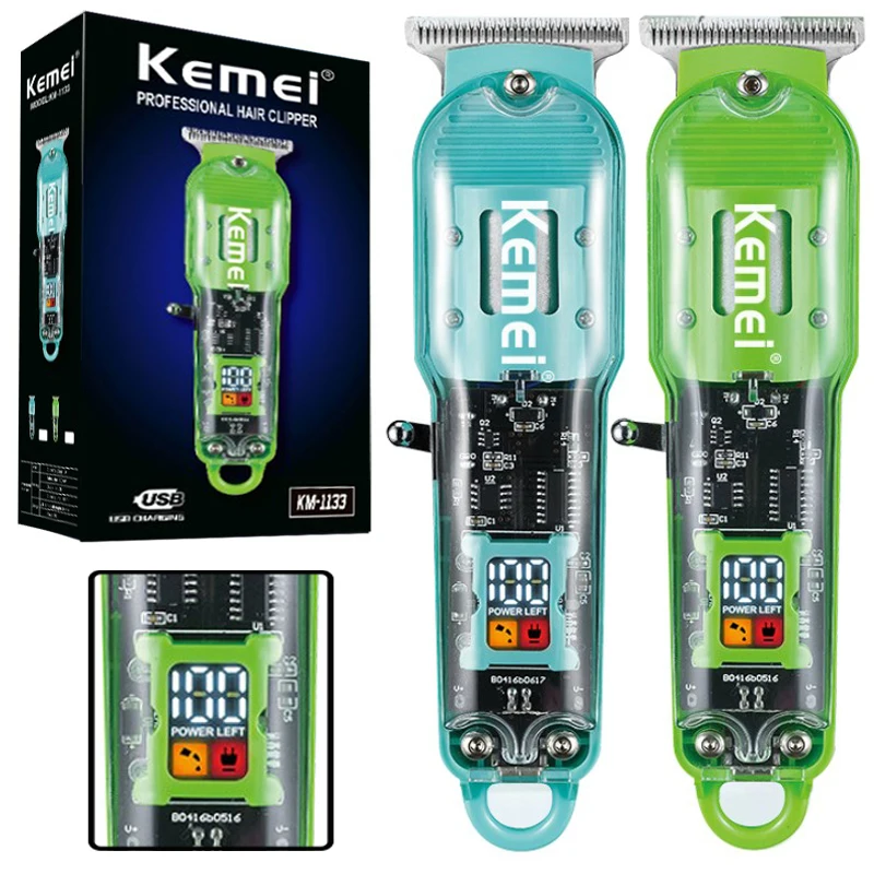 

Kemei KM-1133 Rechargeable Hair Cutting Machine Barber Shop Fade Professional Hair Clippers Cordless Trimmer Transparent Cover