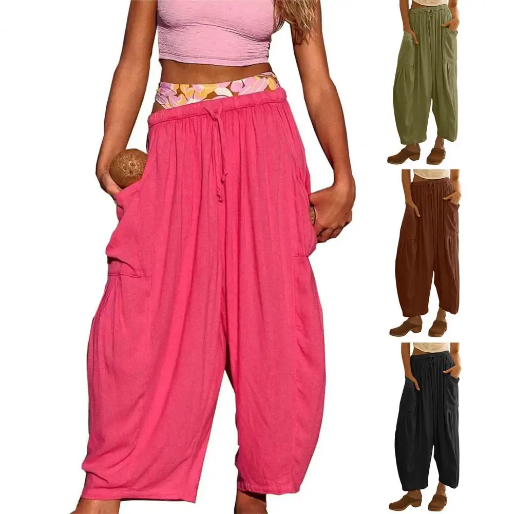 

Women Pants Wide Leg Pleated Loose Deep Crotch Elastic Waist Drawstring Soft Casual Ankle Length Long Trousers 여성용 와이드 팬츠