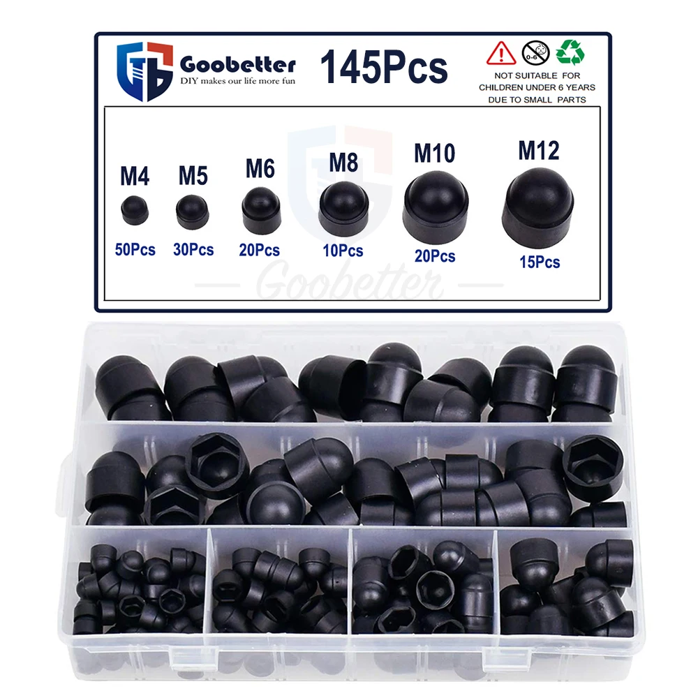 Description Picture 5 of item145Pcs M4 M5 M6 M8 M10 M12 Black Hexagon Nutrs Cap Nylon Acorn Nut Dome Hex Cover Protecting Hexagon Screws Bolts Kit
