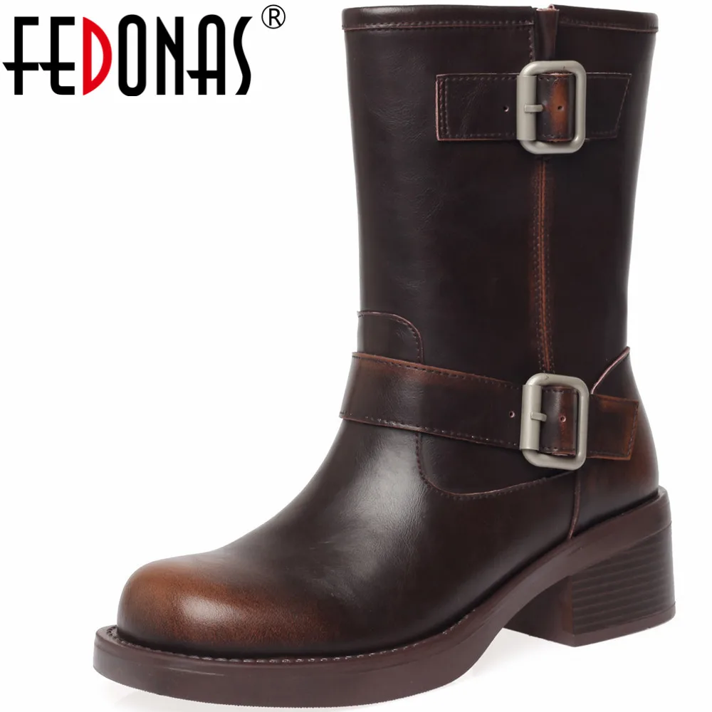 

FEDONAS Vintage Women Mid-Calf Boots Popular Belt Buckle Genuine Leather Shoes Woman Retro 2023 Casual Office Lady Autumn Winter