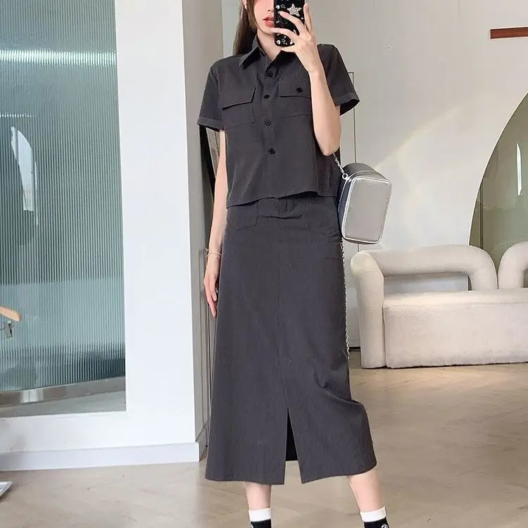 2024 Summer New Korean Women's Set Polo Neck Short sleeved Jacket+High Waist Split Skirt Two Piece Set