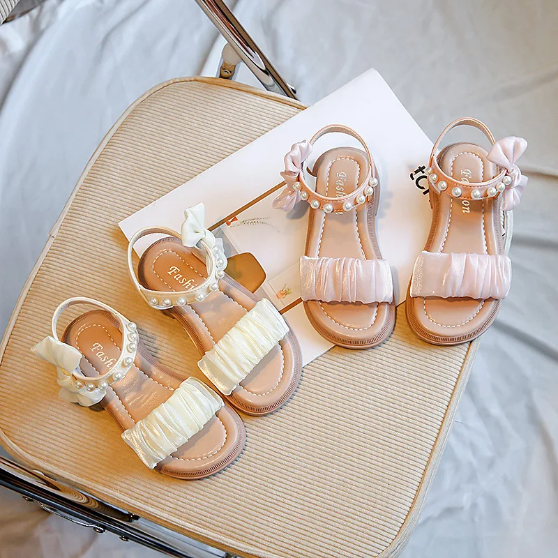 

Girls Pleated Sandals for Party Wedding Fashion Kids Princess Mary Janes Shoes with Bowtie Children Summer Pearls Beach Shoes