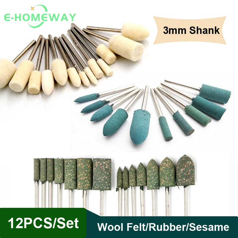 12PCS Rubber Mounted Point Grinding Head for Metal Mould Polishing Rotary Tools Accessary