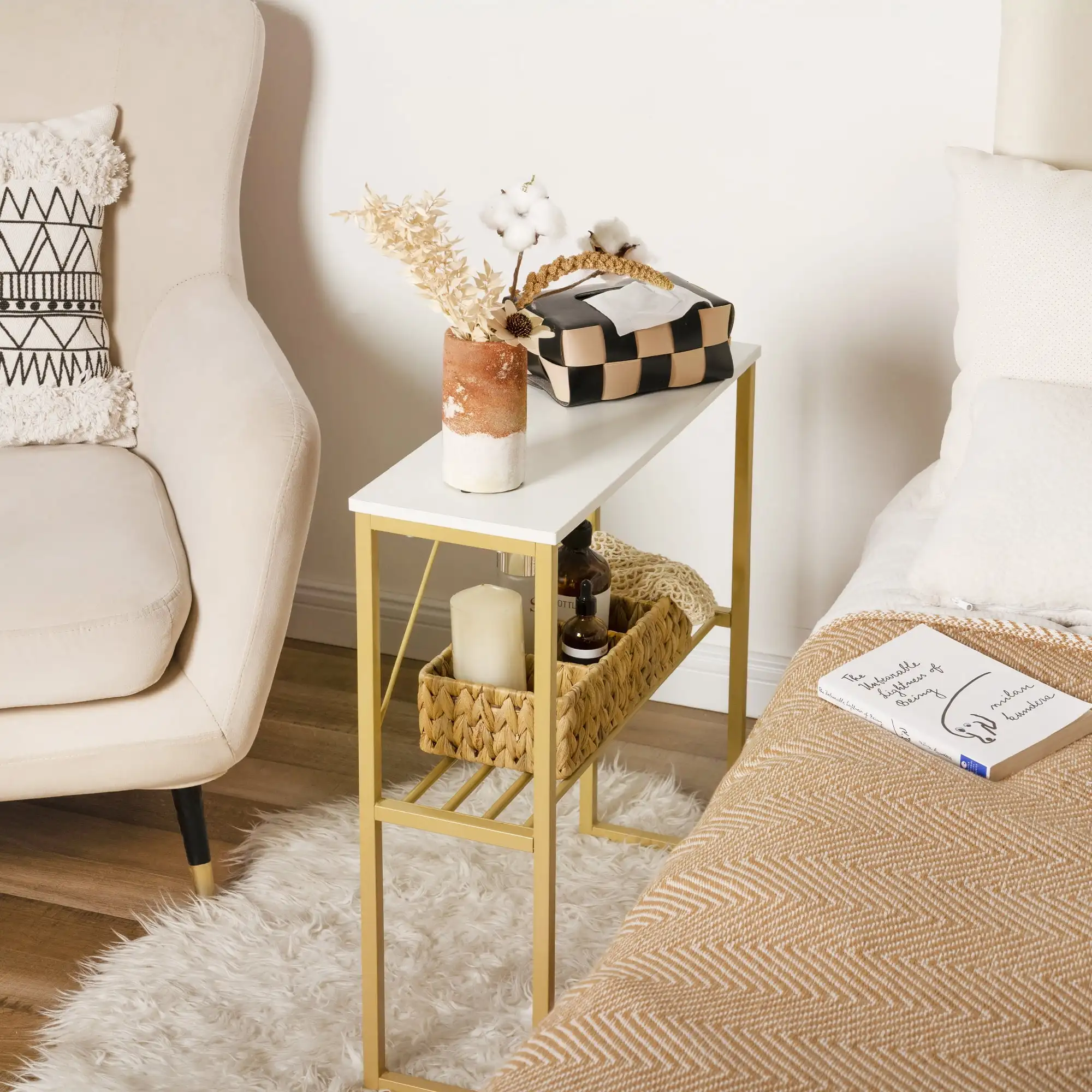

Tall End Table, Narrow Side Table with Storage Shelve, White