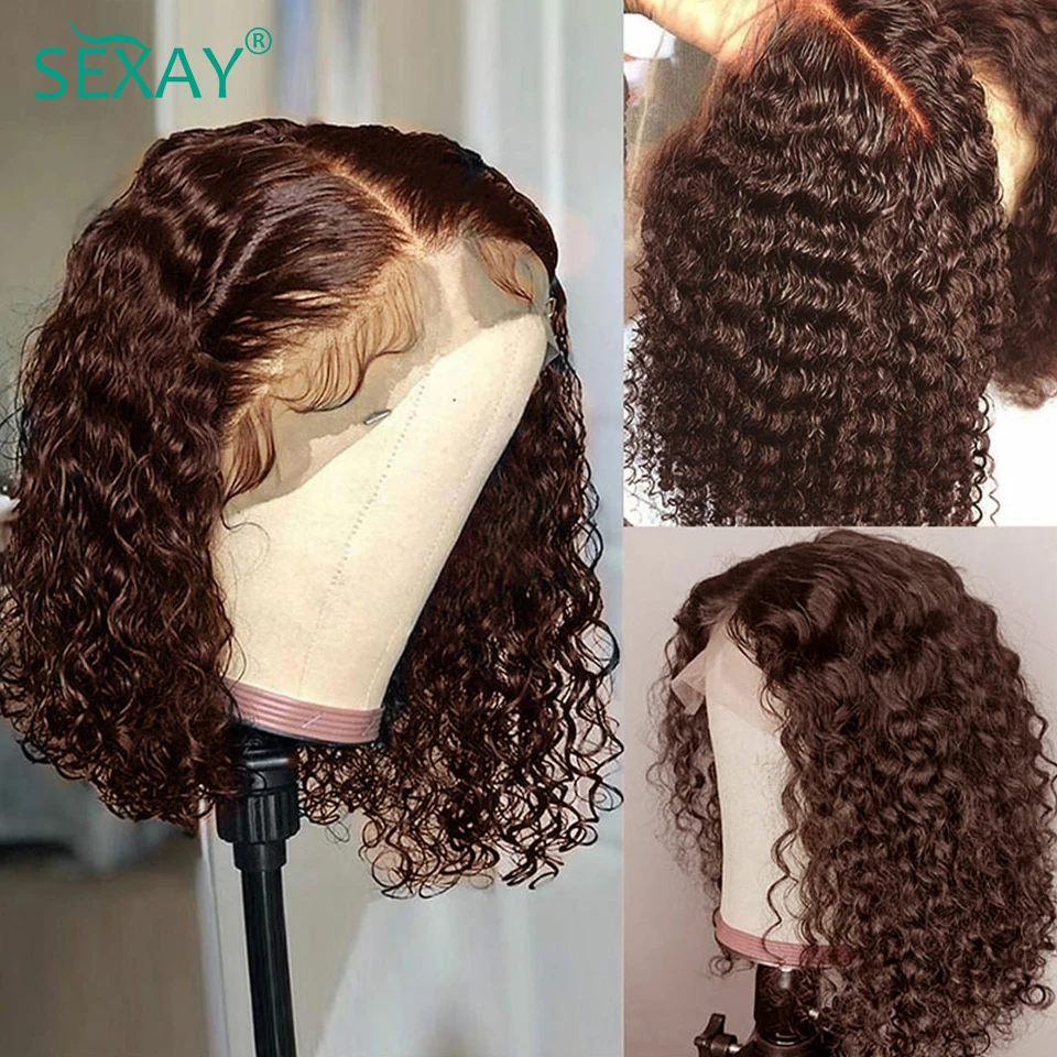 Brown Color Curly Lace Front Wig For Women 180% Density Pre Plucked Soft Indian Human Hair Short Bob Wig 13x4 Lace Frontal Wigs