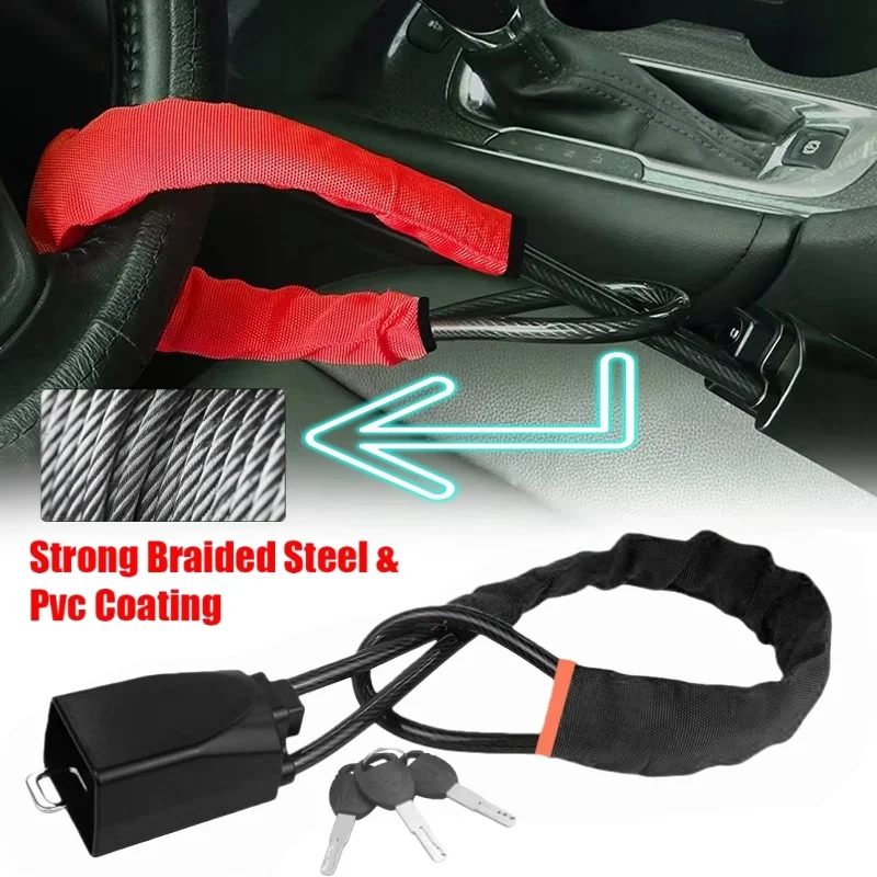 ล็อคพวงมาลัยรถยนต์พร้อมช่องเสียบเข็มขัดนิรภัย เชือกเหล็ก ระบบล็อคป้องกันการโจรกรรมแบบสากลสำหรับรถบรรทุก รถ SUV รถตู้ รถบ้าน 1