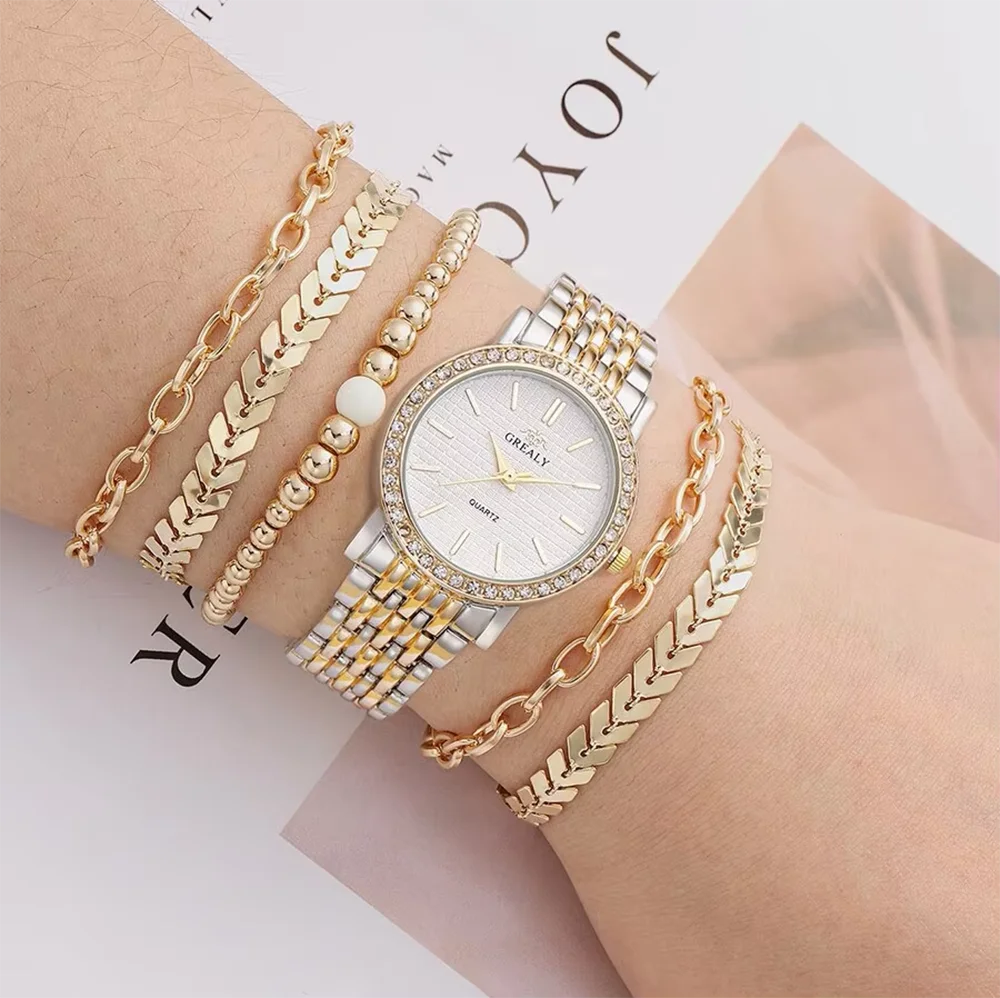 6pcs Women's Watch Casual Stainless Steel Strap Material Quartz Watch and Jewelry Bracelet Set 3