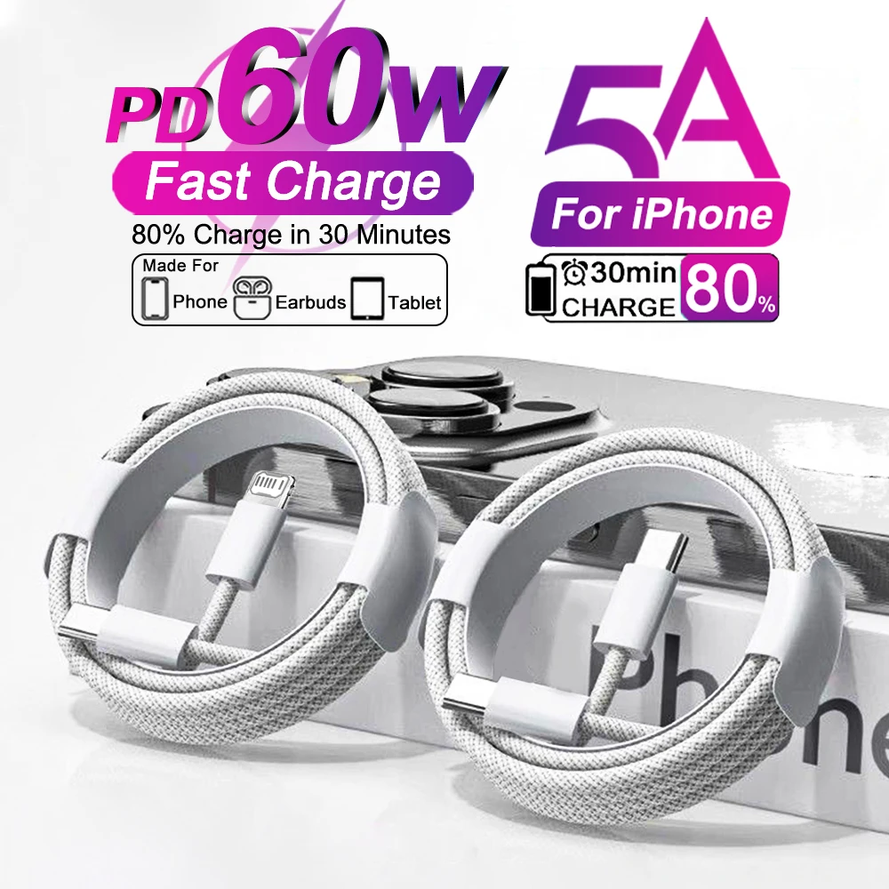 Câble USB de recharge rapide de tissage PD d'origine 60W pour Apple iPhone 16 17 15 14 13 12 11 Pro Max USB Type C Câble de date de charge du téléphone